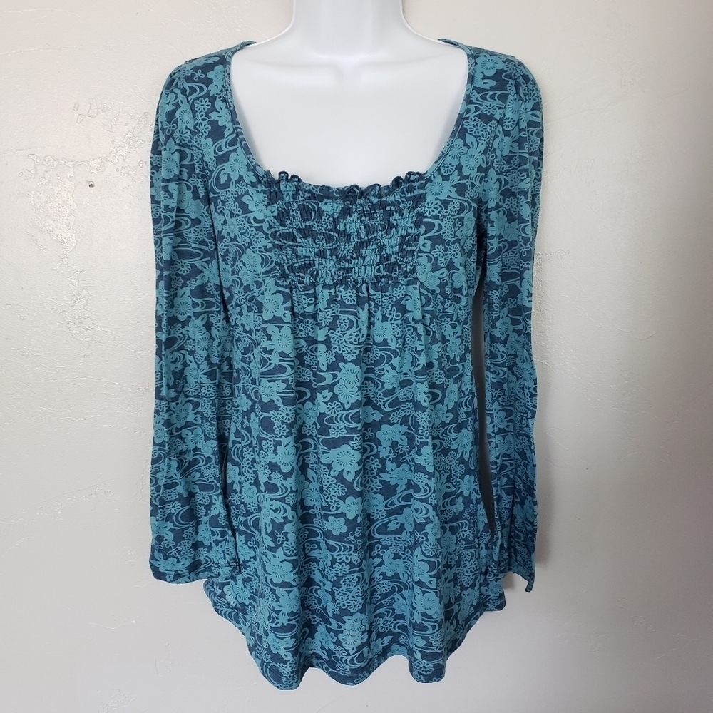 Xhilaration Medium Long Sleeve Shirt Blue Burnout Floral Smocked Neck Flowers